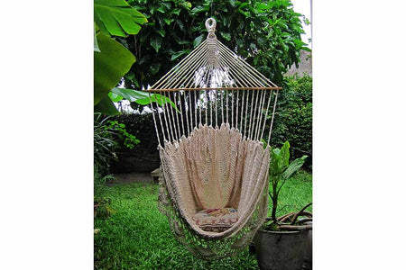 Beige sitting hammock chair- natural cotton hammock chair fringe and spreader bar 